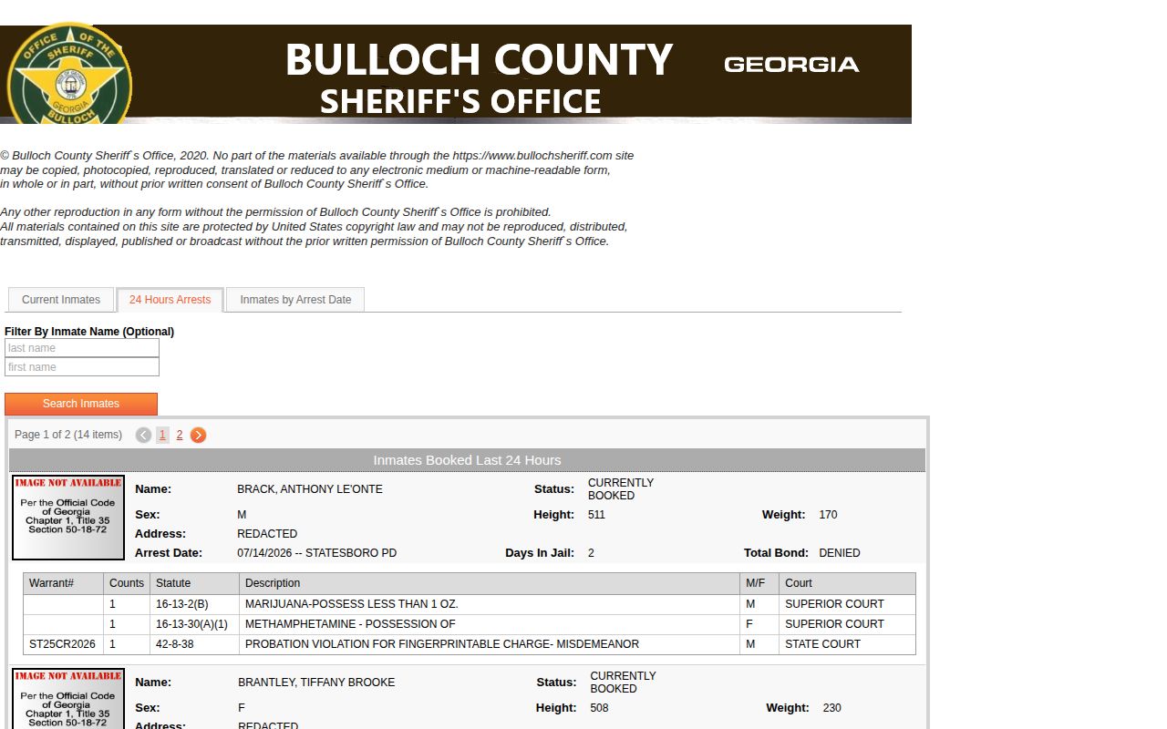 Bulloch County 24 hour booking and release source