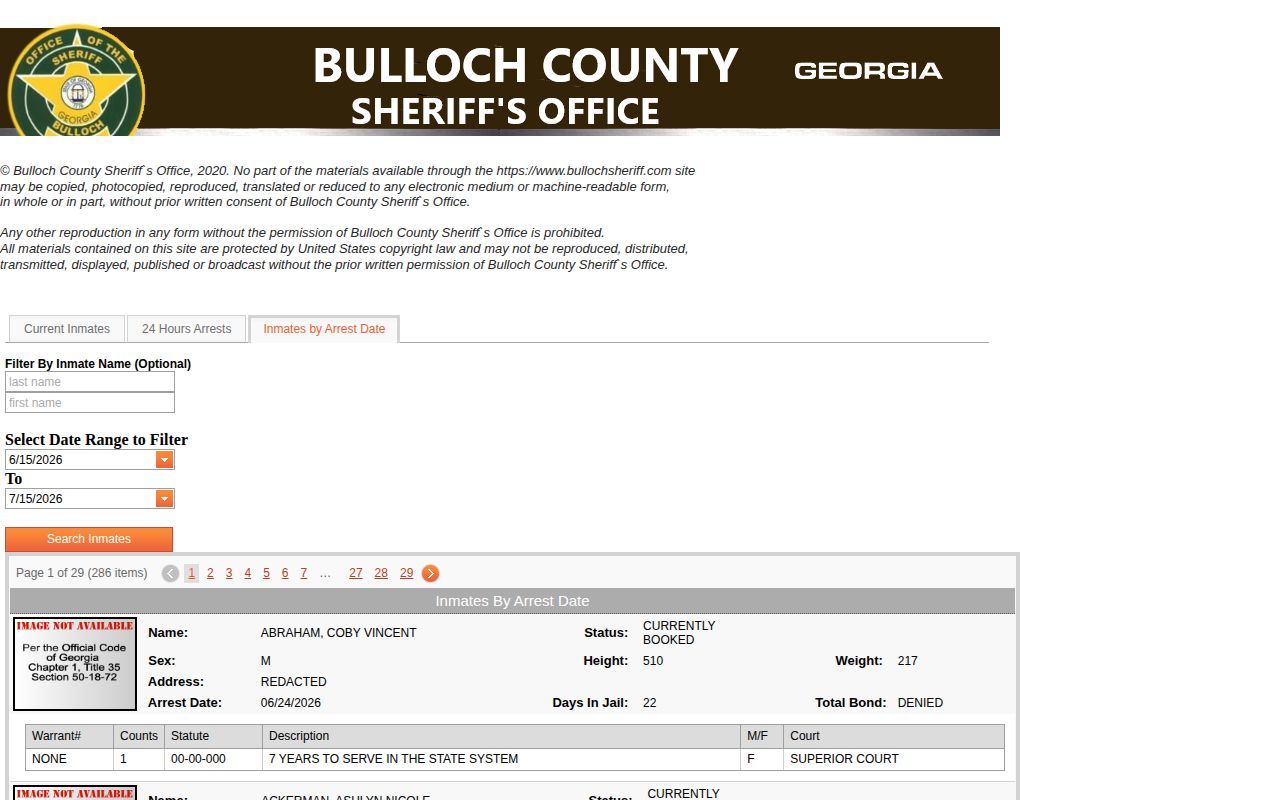 Bulloch County 72 hour release arrest-date search