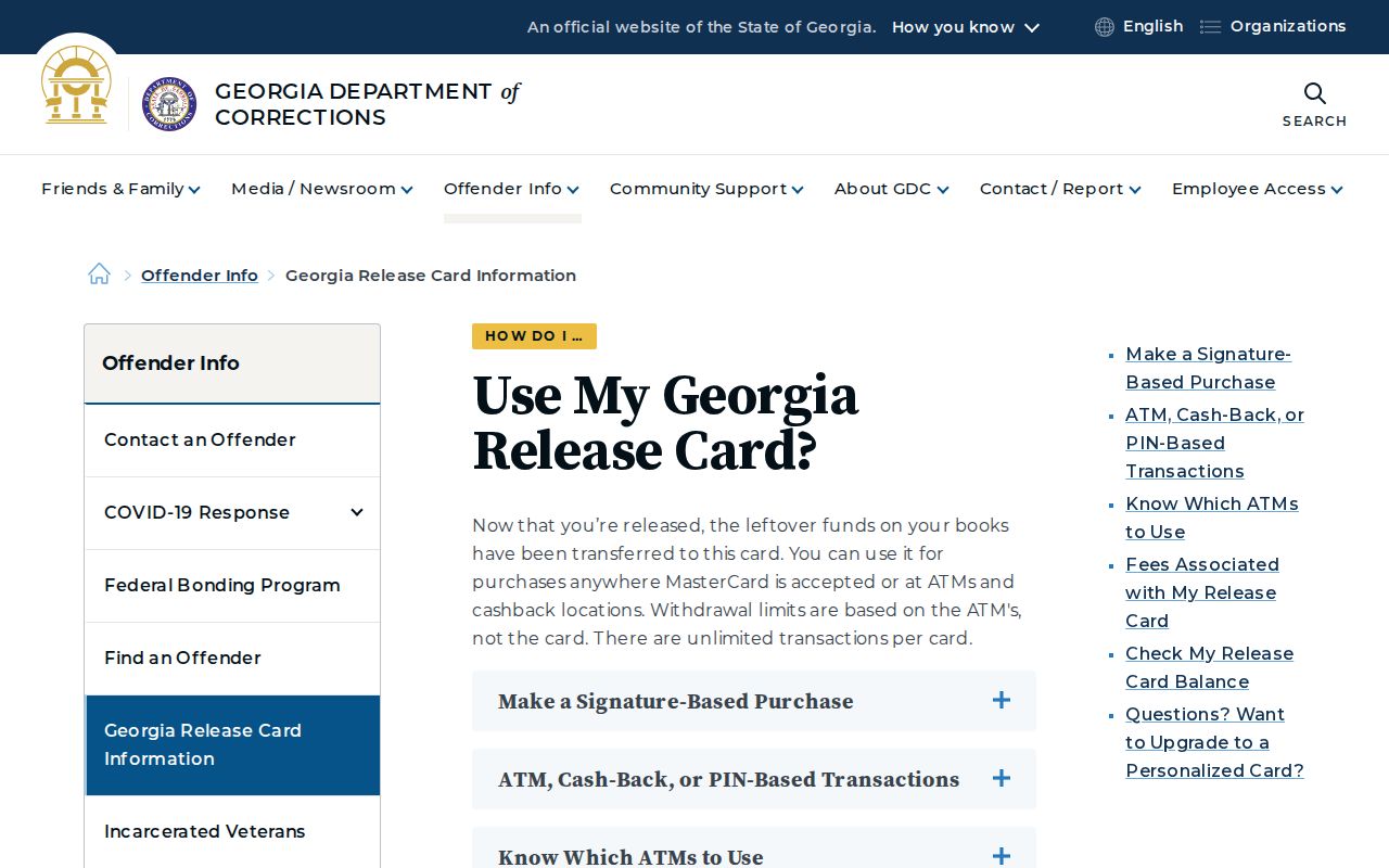 Georgia release card information for Bulloch County state inmates